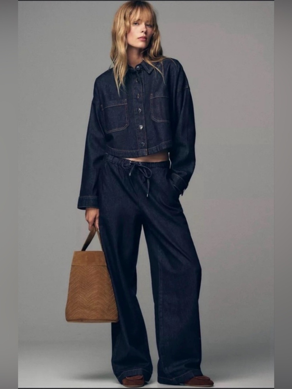 Zara Daily Pants XL Pull On Knit Denim Wide Straight Leg NWT